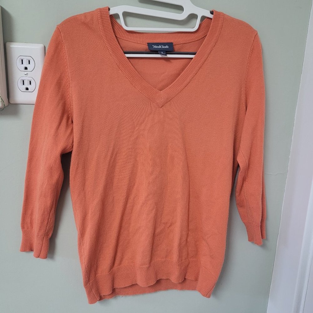 Modcloth Orange V Neck Sweater size small EUC